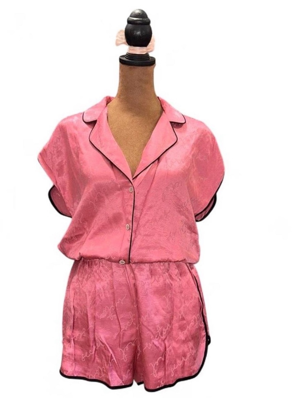 Pink Satin Short Sleeve Romper with Contrast Piping Medium Victoria’s Secret